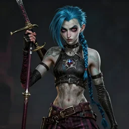 jinx in the art style of breath of the wild and luis royo, grimdark dramatic lighting, digital art, intricate, highly detailed, matte painting, fine art