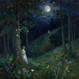 painterly dreamy dark midnight hill in the forest with trees, flowers, birds, barely seen women, liana, thistle and sky with moon and stars by Mikhail Vrubel, Alexei Savrasov, Aron Wiesenfeld, Ivan Kramskoi, dark fantasy, witcher, very detailed oil painting in the alla prima style, masterpiece, 8k