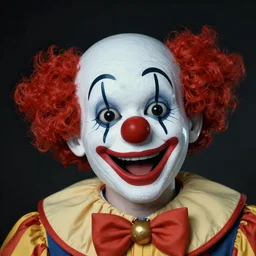 closeup portrait of a robot clown laughing, uplighting