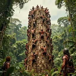 editorial photo of tower in the  jungle full of climbing people, armored  warriors and  Amazon climbs and fight, epic,three point perspective, vintage, blood, slight inspiration of Boris vallejo and  apocalypto, war photography