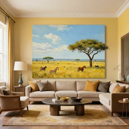a landscape painting in the style of maximalist interior design, african savannah