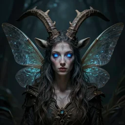a symmetrical matte portrait of good druidess with glowing blue eyes, fairy wings and goat antlers, cinematic atmospheric lighting, dark, atmospheric, brooding, painted, intricate, ultra - portrait by dave dorman hieronymus bosch, cyril rolando, esher and natalie shau, whimsical, profound, impossible. trending on devaintart.
