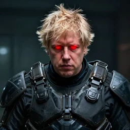 cinematic shot of boris johnson with glowing red eyes wearing dark combat armor, 8 k, very intricate, very detailed,