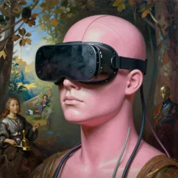 hyperrealistic, David Friedrich, award winning masterpiece with incredible details, Zhang Kechun, a surreal vaporwave vaporwave vaporwave vaporwave vaporwave painting by Thomas Cole of an old pink mannequin head wearing VR goggles with cables and wires coming out of it's neck, highly detailed renaissance scene with beautiful natural lighting