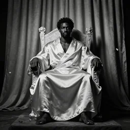 Large black man sitting on throne wrapped in silk, background made of large folding curtains, hyper realistic, 8K photo realistic, black and white color, dimly lit, butterfly lighting, dark, style of carrivagio
