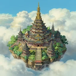 Olympian Temple, on the island flying in clouds. Art by Hayao Miyazaki. concept art, artstation, intricate details