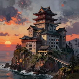 painting of of brutalist fascist cyberpunk Japanese castle on the Oregon Coast cliffs at sunset by Zaha Hadid, Beksinski, Moebius, and Rutkowski
