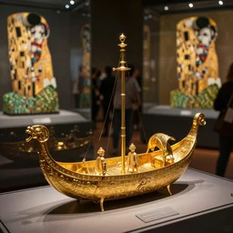 miniatures pre - columbian gold boat sculptures in a museum!!!!!! | by roberto ferri, by tom bagshaw, by j. c. leyendecker and klimt, american romanticism, artstation, cgsociety, highly detailed oil painting, very intricate, cinematic lighting, award - winning