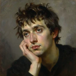painting of a young man thinking and contemplating on life. oil painting by jan matejko, soft lighting, classical art, oil on canvas, wet - on - wet technique, close up on face. beautiful, elegant, sharp focus, highly realistic, intricate textures, illusionistic detail,