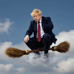 photo of boris johnson sitting on a flying magical broomstick in the clouds, highly - detailed realistic award - winning