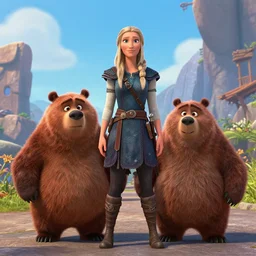 a tall viking woman accompanied by a brown bear pixar movie 4 k