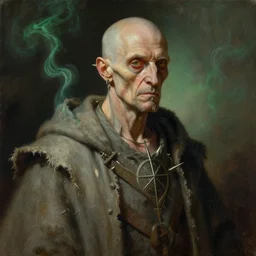 portrait of an elderly mage, male bald clean - shaven emaciated, wearing spikes and piercings, sigils, tattered robes, wisps of green smoke, painting by greg rutkowski and gustave dore
