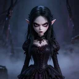photorealistic full shot portrait of cute angry darkness vampir anime girl, gothic clothing, worrying eyes, inspired by Tim Burton, detailed, unreal engine 4k volumetric light, fog,