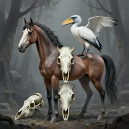 horse merged with shoebill, digital art made by makoto shinkai, lois van baarle, greg rutkowski and jakub rebelka, highly detailed, symmetrical, extremely coherent, smooth, shaped focus, dystopian gray forest background, skull