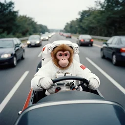 3 5 mm film, an astronaut monkey, driving on a highway full of cars at high speed, photorealistic, movie, 1 2 3 4 5 c 7