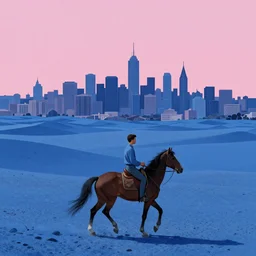 i, cityscape view of a man riding a horse in a blue desert, pink sky, by Moebius