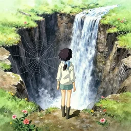 anime movie scene, mamoru oshii, otomo, ultra wide, vanishing point, hoody woman explorer, watercolor, chasm, collapse, sinkhole, spiderwebs, flowers, waterfall, billboards, sun beam, dusty volumetric light, back lit, paper texture, puddles, deserted shinjuku junk, brutalist, golden ratio composition, orange, blue