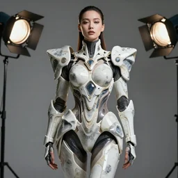beautifull cyberpunk woman model, wearing organic ceramic fractal armor, luxury materials, symmetrical, cinematic, elegant, professional studio light, real dlsr photography, sharp focus, 4 k, ultra hd, sense of awe, high fashion
