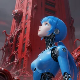 detailed, sharp, dreaming blue humanoid female automata looking up to a red building consumed by alien flesh by Anna Dittmannand, digital art. surreal. trending on art station. anime arts. featured on Pixiv, HD, 8K, highly detailed, good lighting, beautiful, epic, horror