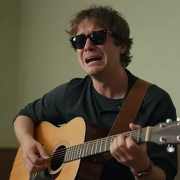 film still of A man playing guitar crying with black sunglasses on