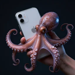 closeup studio photograph of an octopus holding an iphone, dramatic lighting, edited in photoshop