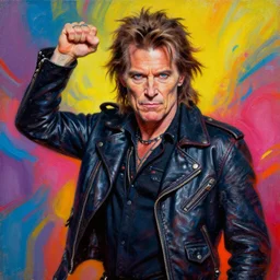 a portrait of willem dafoe an apocalyptic orcish biker character standing in a dynamic pose, psychedelic vibrant colors, punk rock fashion, oil painting by michael whelan art, perfect face, sharp focus, detailed eyes, realistic, leather jacket, 8 k