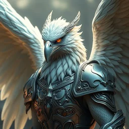 a beautiful griffin photo, fantasy, professionally retouched, soft lighting, wearing armour, realistic, smooth feathers, perfect golden eyes, wide angle, sharp focus on whole body, 8 k high definition, insanely detailed, intricate, elegant, art by artgerm and wlop