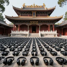 a highly detailed, realistic photo of a Buddhist temple, the ground is completely filled with headphones, intricate, 8k highly professionally detailed, HDR