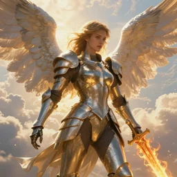 A beautiful angel wearing metallic battle armor and a flaming sword, wing, among heavenly sunlit clouds, close-up shot, intricate, elegant, digital painting, golden hour, cinematic, trending on artstation, concept art, smooth, sharp focus, illustration, art by artgerm and Greg Rutkowski and Alphonse Mucha