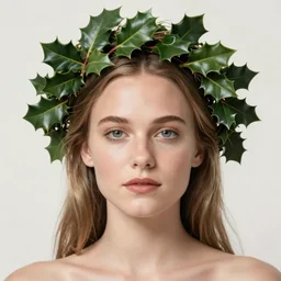 realistic art nouveau style detailed portrait of alicia vikander wearing a holly wreath as a crown at christmas by alphonse mucha, william adolphe bouguereau, and donato giancola art nouveau style, red and green christmas colors