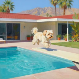 medium shot, cream colored havanese dog jumping from a diving board into a pool at a mid century modern house in palm springs, painting by david hockney