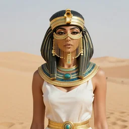 photo graph of an egyptian woman, gold face chains, elegant, fancy, rich, character design, costume, egyptian, arabian, dune, desert