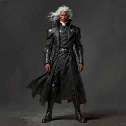a brown skinned male demon hunter with mid white hair and a cyberpunk priest uniform, windy, stoic, modern, hes alone, maximalist fashion, cgsociety, hyperdetailed, dramatic, epic painting, painted by jean honore fragonard and greg rutkowski, full body, octane render, sharpness, 8 k, golden ratio