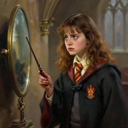 painting of a confused woman dressed like harry potter, looking in mirror, holding wand, hogwarts interior in the background, digital art