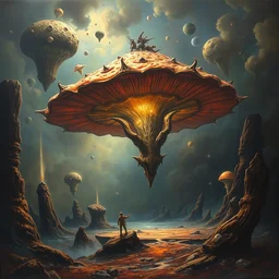 scifi explore journey, highly detailed surrealist painting, by michael divine by yvonne mcgillivray by michael divine by mandy jurgens by michael divine, moody color palette, very very very beautiful, fungus pirate space craft, ufo, mushroom alien ship