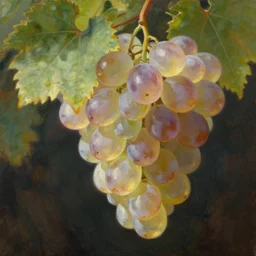 oil painting of handmade glass, translucent grapes closeup, glass refraction, art by anders zorn, wonderful masterpiece by greg rutkowski, beautiful cinematic light, american romanticism by greg manchess, backlit vine leaves, light