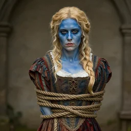 portrait, blonde woman in medieval dress, strangled with rope, bluish face, victorian style, high detail
