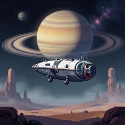 pixel art of giant landing craft landing on an alien planet, sci - fi, huge saturn with rings in the background, nebula, strange rock formations, rolling hills, atmospheric, misty, artstation, deviantart