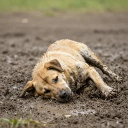a dirty dog rolling in mud. photo
