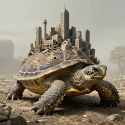 huge ancient turtle with an abandoned city on its back, greg rutkowski, 8 k, shallow depth of field, intricate detail, concept art,