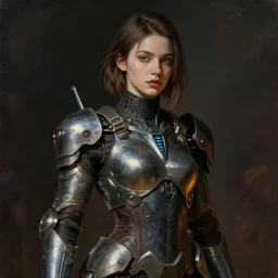 beautiful digital oil cyberpunk style  of a girl in leather cyber armor by Arthur Hughes