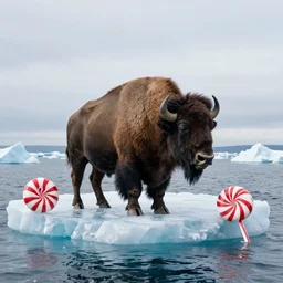 photo of a bison on an iceberg in the ocean with peppermint candy sticking out of the sides of the iceberg, 5 0 mm, beautiful photo
