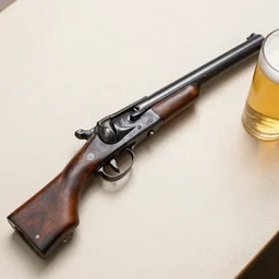 old west gun, pistol, and beer, table, top view