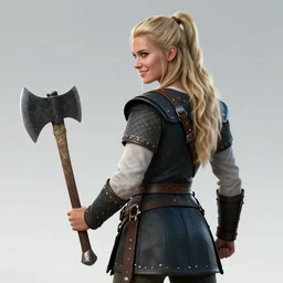 an ultradetailed picture of blonde viking woman facing away and holding a battleaxe and smirking, 1 9 8 0 s rom com style, fantasy, intricate, elegant, illustration, digital painting, burning village in the background, 8 k, artstation, fine detail, art by frank frazetta, jack kirby, albert aublet, frank herbert, artem demura, and alphonse mucha