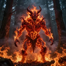 a screaming fire demon Made of Lava and smoke Standing in a Burning forest