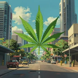 an optimistic futuristic west australian city street with a pop cannabis leaf motif, by studio ghibli