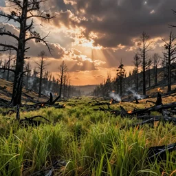 devastated scorched earth in the valley, burnt trees, burnt vegetation and grass, cinematic view, epic sky, detailed, concept art, low angle, high detail, warm lighting, volumetric, godrays, vivid, beautiful, trending on artstation, by jordan grimmer, huge scene, grass, art greg rutkowski
