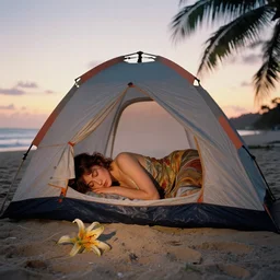 evangeline lily sleeping in a tent on a tropical beach, lost ( 2 0 0 4 ), sundown, cinematic, alphonse mucha