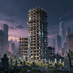 a beautiful very detailed illustration of architecture unfinished building building city graveyard by rafael aranda, at night biopunk crystal at dusk bioshock at dawn matte painting retrowave reclaimed by nature cyberpunk liberty city, archdaily, wallpaper, highly detailed, trending on artstation.