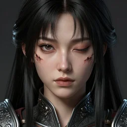 ne stylised woman , fair skin, big eyes, long black hair, no bangs, wearing sculpted textured armour, closes her eye, battle damage, intricate complexity, close-up of the front of the face, resolute expression, back lighting, 4K resolution, symmetric, clear facial features, by Ruan Jia and Mandy Jurgens and William-Adolphe Bouguereau, Karol Bak, smooth, sharp focus, rich deep colors, digital render, intricate, ultra realistic, concept art